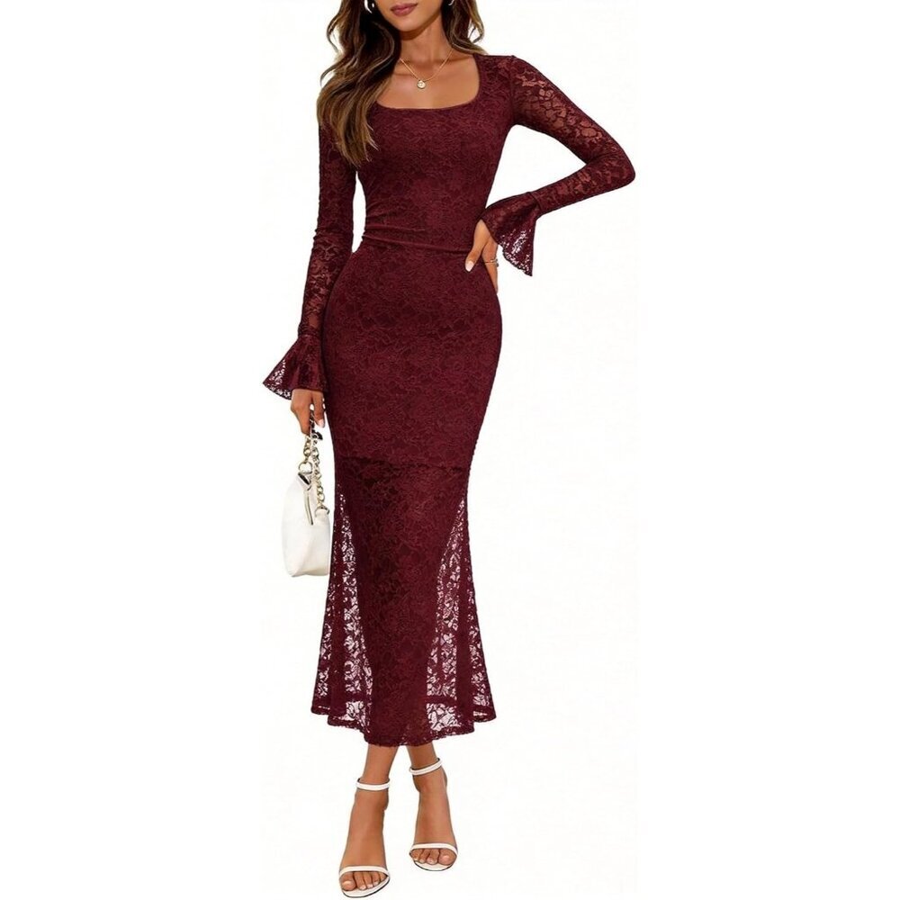 Women's Burgundy Long Sleeve Lace Square Neck Fall Bodycon Cocktail Maxi Dress M
